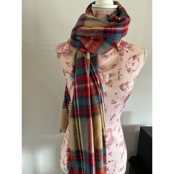 Vintage Plaid Scarf Wrap Red Aqua Tan Large - Picture 1 of 4